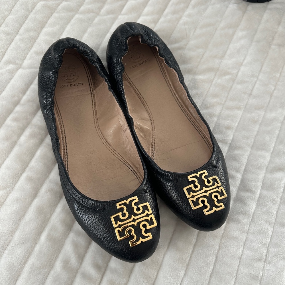 Tory Burch Black Flats with Gold Logo